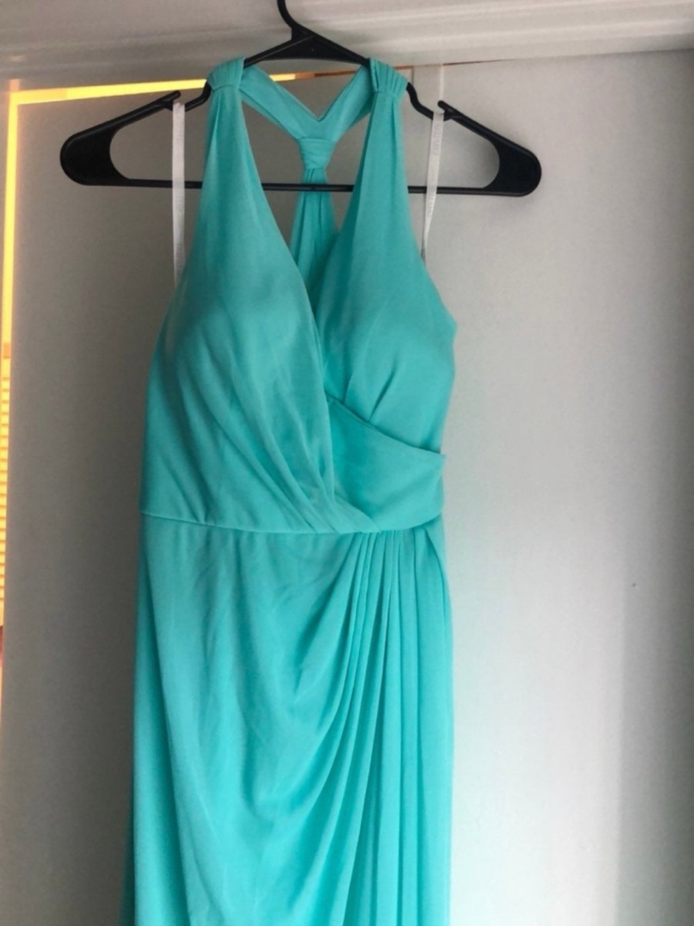 David's Bridal Aqua One-Shoulder Evening Gown